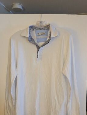 Long-Sleeve White Polo with Navy-Striped Contrast Collar